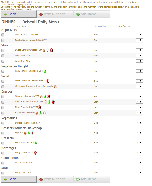 Driscoll Dinner Menu