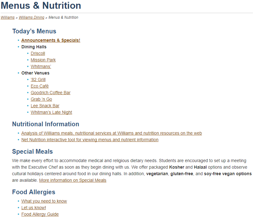 Menus & Nutrition Page