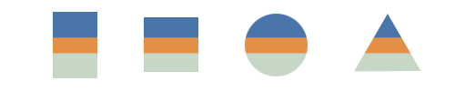 Blue, orange, and grey shapes with stacked colors: rectangle, square, circle, and triangle